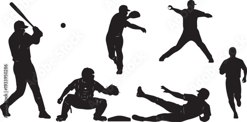 Baseball players in various actions and poses silhouette set