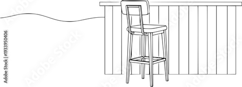 Continuous Line Drawing Furniture Set - Minimalist Bar Stool and Kitchen Counter Interior Vector