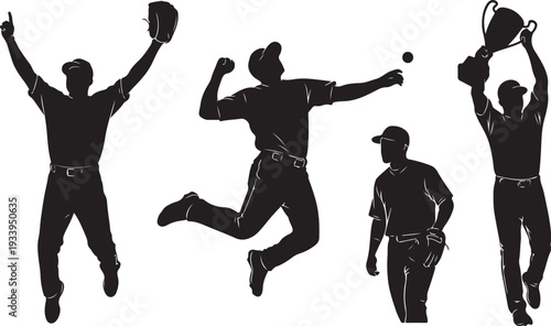 Baseball players in dynamic poses celebrating and playing together