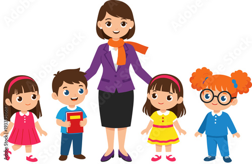 Illustration of a Teacher with Four Happy Children for Education, School, and Classroom Activities