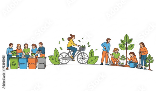 Eco-friendly lifestyle vector illustration with people recycling and planting trees for sustainability