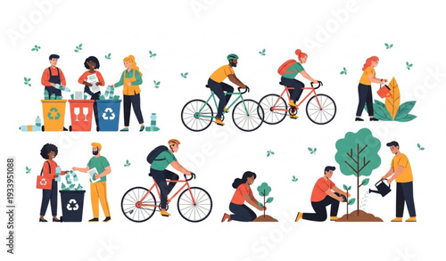Eco-friendly lifestyle vector illustration with people recycling and planting trees for sustainability