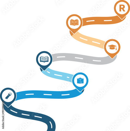 Education Path Vector: Learning Journey with Milestones and Graduation Cap Icon