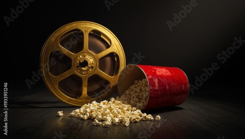 Golden Film Reel and Popcorn Under Spotlight