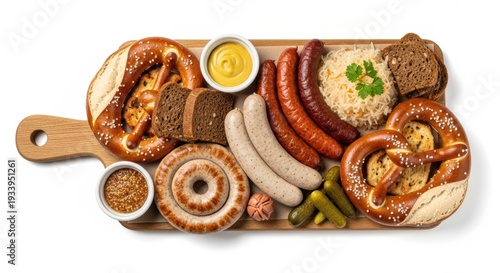 Wallpaper Mural Traditional bavarian feast with pretzels, sausages, mustard, and sauerkraut on wooden board Torontodigital.ca