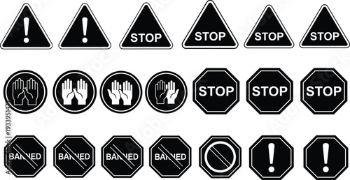 Warning prohibition signs, stop banned icons, safety caution artwork, traffic control design, regulatory symbol illustration, danger alert graphic, black white signage