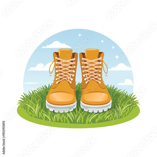 Hiking boots resting on green grass against a blue sky