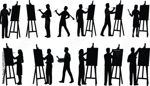 Artist Painting Silhouettes at Easel Creative People Vector Set