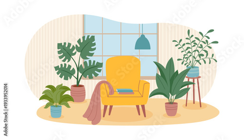 Home room interior with green plants and armchair4. Concept of relax, greening, gardening, psychotherapy. Vector hand drawn background.