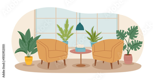 Interior of room, office, doctor's office or psychotherapist's office with green plants and armchairs. Concept of relax, psychotherapy, support, communication, treatment. Vector flat background.