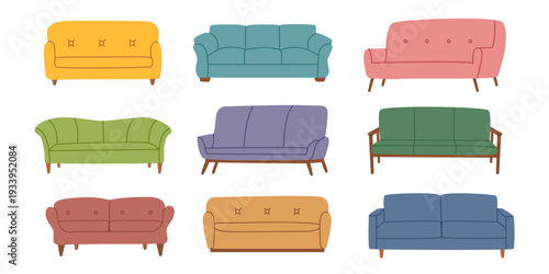 Set of sofas isolated on white background. Furniture for home and office. Interior elements. Vector flat cliparts.
