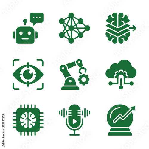 Comprehensive Green Icon Set Representing Artificial Intelligence and Machine Learning Technology