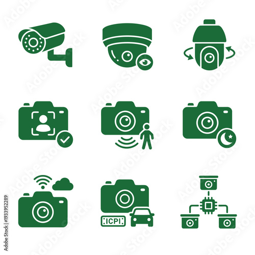 Set of Green Surveillance and CCTV Camera Security Technology Icons