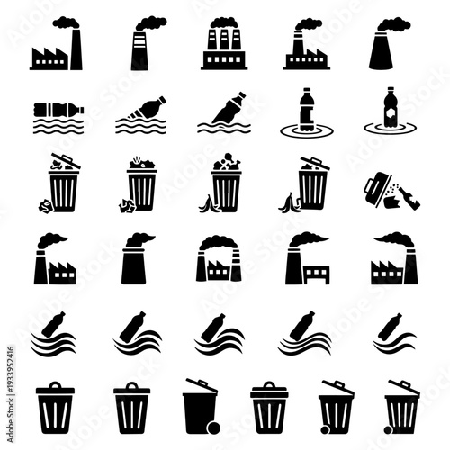 Environmental Pollution Pack - Factory Smoke, Trash Bin and Plastic Bottle in Water Silhouette