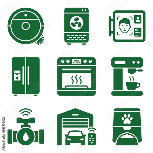 Set of green icons for smart home appliances and automation technology