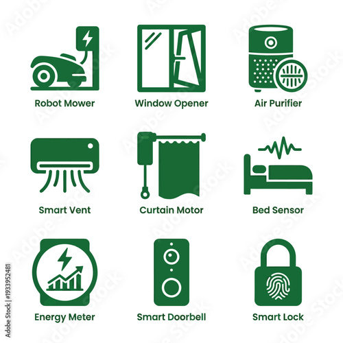 Set of green icons for smart home automation and internet of things