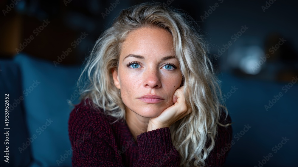 Fototapeta premium A young woman with striking blue eyes and tousled blonde hair reflects on her thoughts, radiating a sense of calmness and introspection in a cozy indoor setting.
