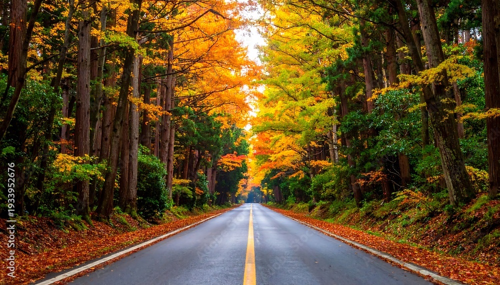Fototapeta premium Road through vibrant autumn trees. Golden leaves line the sky