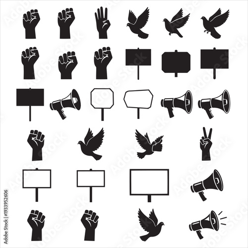 Peace Symbols Collection - Dove Birds, Power Hand and Peace Board Silhouette