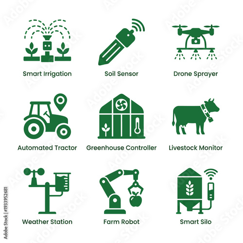 Set of Smart Agriculture and Precision Farming Technology Icons