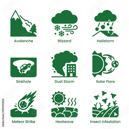 Collection of green natural disaster and environmental hazard icons vector set