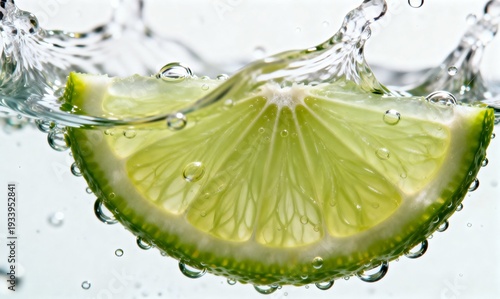 Close-up of Fresh Lime Slice Falling into Water with Splash and Bubbles