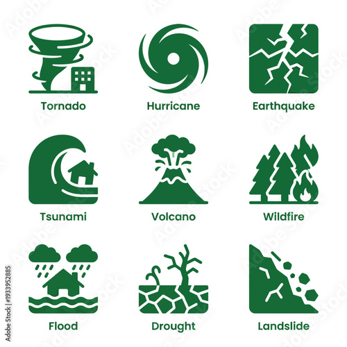 Green Natural Disaster Icon Set Representing Various Environmental Hazards and Catastrophes