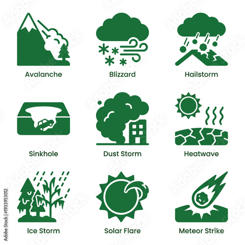 Natural Disaster and Extreme Weather Conditions Green Flat Vector Icon Set