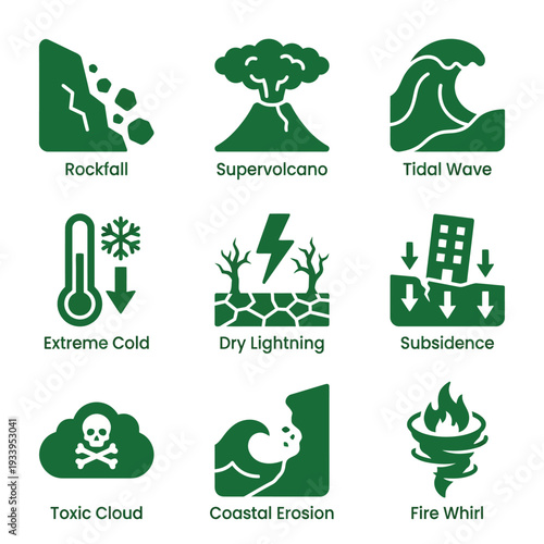 Green Icons Set Representing Natural Disasters and Environmental Catastrophe Events