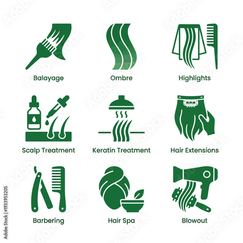 Green vector hair care and styling icons for professional beauty salons