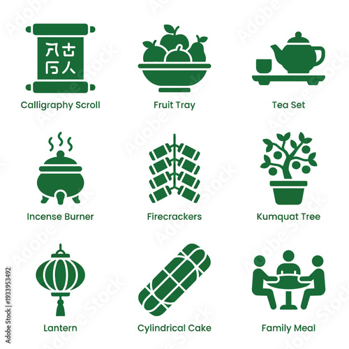 Green Vector Icons Representing Lunar New Year and Tet Festival Traditions