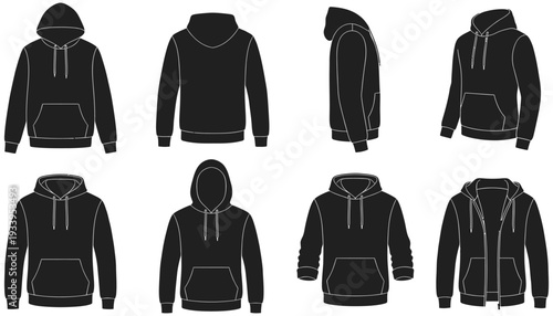 Black Hoodie Basic Views Set Silhouette Vector — Hooded Sweatshirt Front Back Side Collection Clipart 
