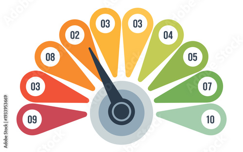 Rating scale in half circle vector design, showcasing one to ten feedback levels, ideal for user interface, evaluation, and digital survey graphics.