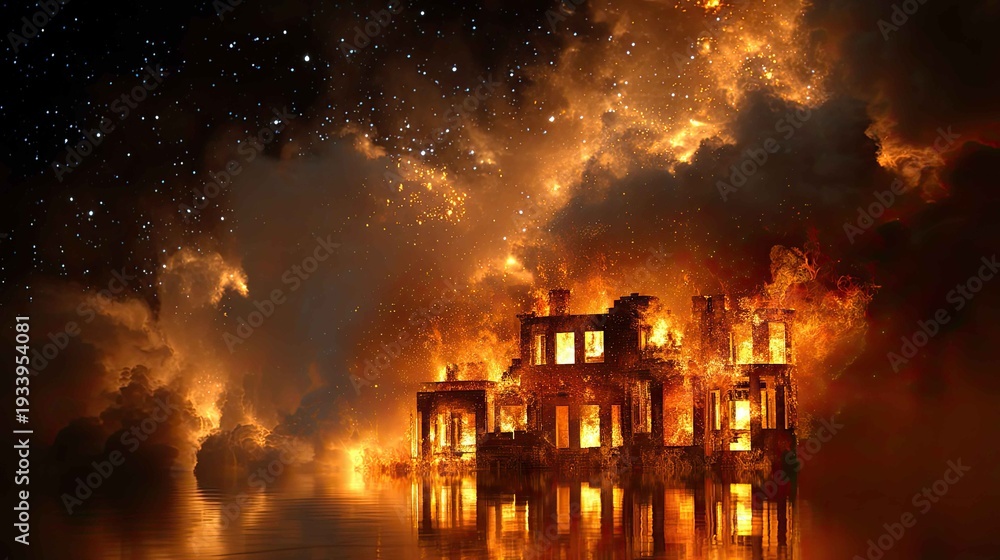 Obraz premium Dramatic Blaze Consuming Abandoned Structure Against Starry Sky