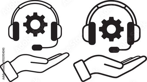 Customer Support and Technical Service Icons - Hands Holding Headset with Gear Symbol - Black and White Outline Vector for Call Center Helpdesk