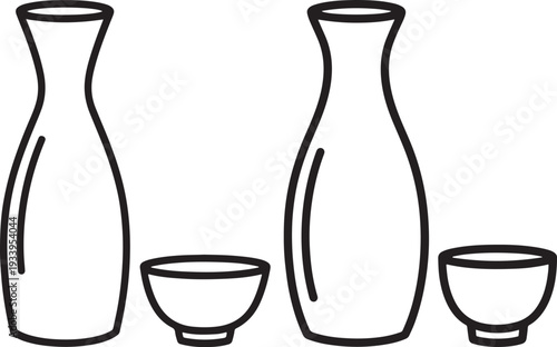 Japanese Sake Bottle and Cup Icons - Traditional Asian Rice Wine Tokkuri and Ochoko Simple Black and White Outline Vector Art