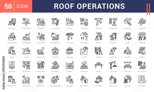 Roof Operations Icon Set. Roof Inspection, Roof Leak Detection, Roof Cleaning, Gutter Installation, Roof Sealant and more. Outline vector icons collection.