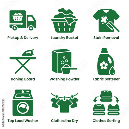 Comprehensive Green Laundry and Clothes Care Service Flat Vector Icon Set