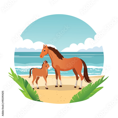 Horse and foal standing on a beach near the ocean