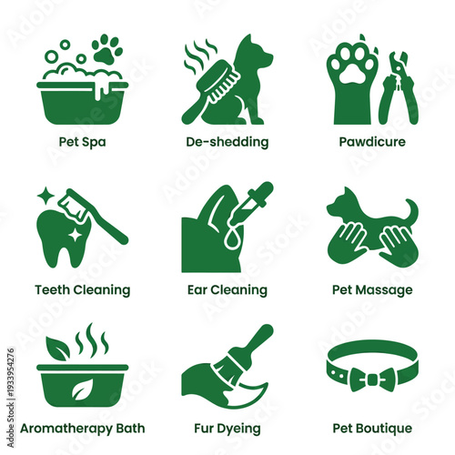 Set of green pet grooming and spa service icons for animals