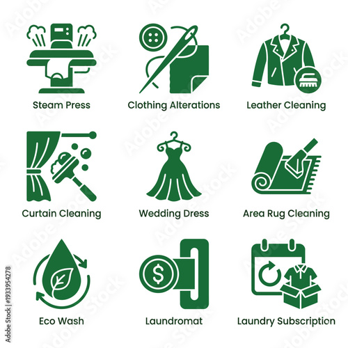Professional Laundry Dry Cleaning and Clothing Alterations Service Icon Set