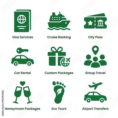 Collection of Green Travel Agency Service Icons for Vacation Planning