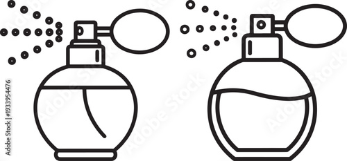 Perfume Bottle Spray Icons - Elegant Fragrance Dispenser with Scent Particles - Simple Black and White Outline Vector for Beauty and Cosmetics