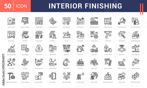 Interior Finishing Icon Set. Interior Framing, Window Installation, Drywall Setup, Flooring Installation, Paint Preparation and more. Outline vector icons collection.
