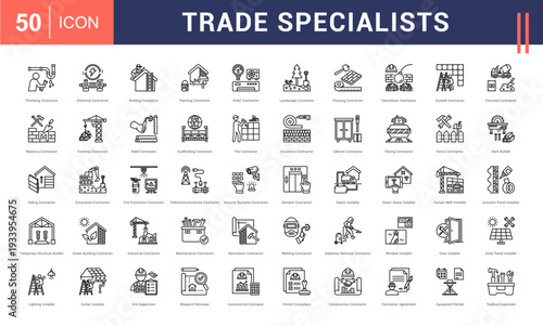 Trade Specialists Icon Set. Plumbing Contractor, Electrical Contractor, Roofing Contractor, Painting Contractor, HVAC Contractor and more. Outline vector icons collection.