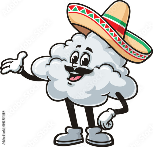 Cloud mascot cartoon wearing a sombrero