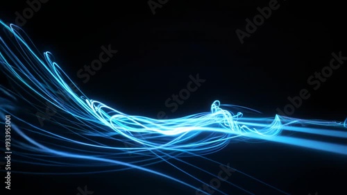 Blue cyan glowing light trails weave across a dark background, flowing like water as the camera glides forward and pans, creating immersive depth.
