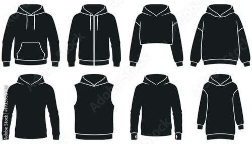 Black Hoodie Style Variations Set Silhouette Vector — Hooded Sweatshirt Fashion Design Collection Clipart