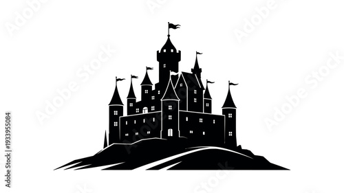 Fairytale castle vector black silhouette with towers and flag isolated