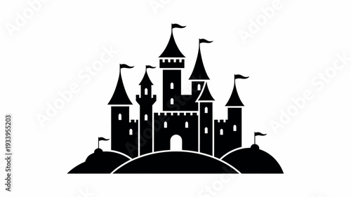 Fairytale Castle Silhouette Vector featuring a classic black silhouette with soaring towers, turrets, and a waving flag, perfect for children’s book covers, theme park branding, and fantasy-themed eve